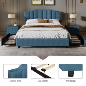 MegaChunk Queen Size Platform Bed with 2 Drawers and Adjustable Upholstered Stitched Padded Headboard, Rivets Design, Strong Slats System, Linen Upholstery, No Box Spring Needed, Blue