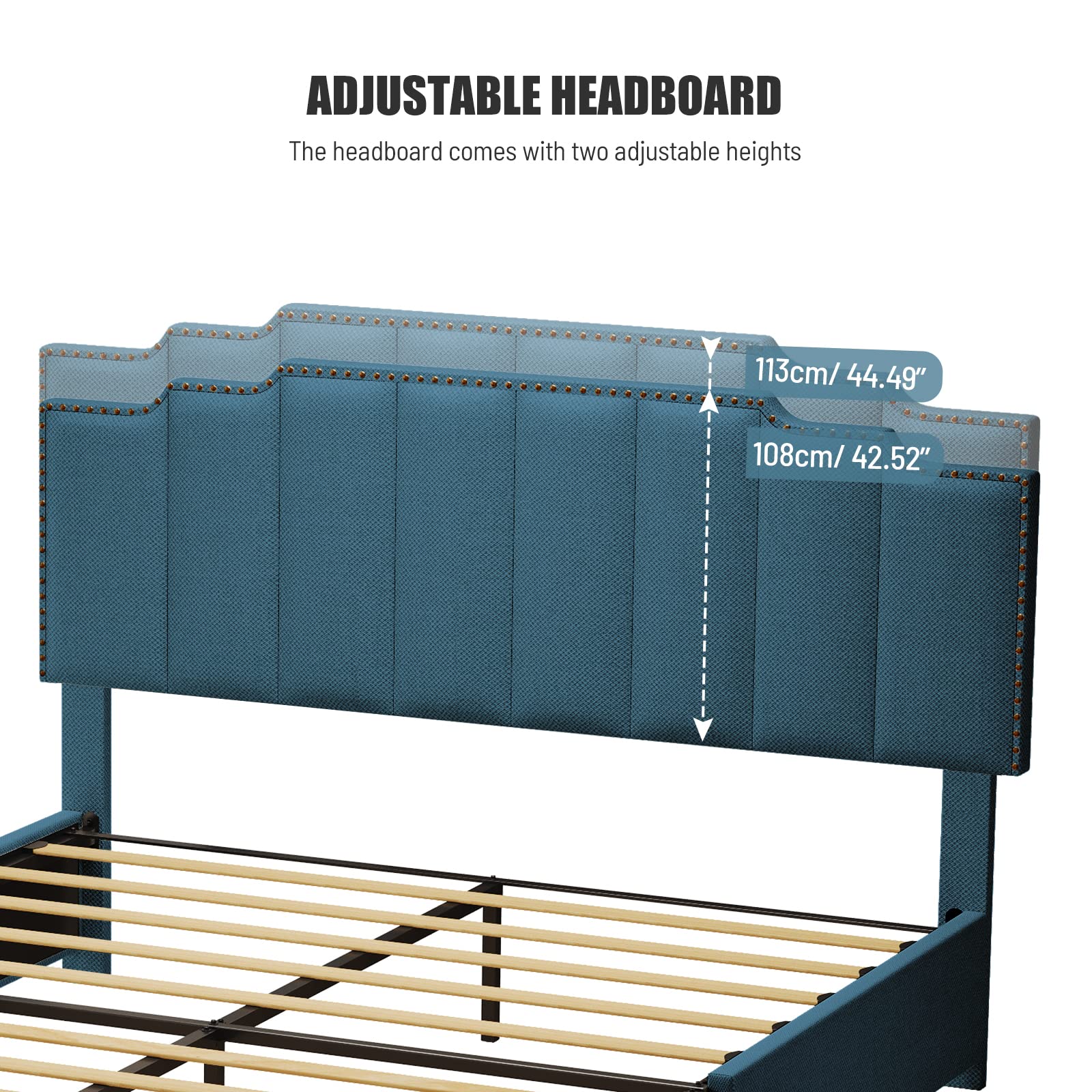 MegaChunk Queen Size Platform Bed with 2 Drawers and Adjustable Upholstered Stitched Padded Headboard, Rivets Design, Strong Slats System, Linen Upholstery, No Box Spring Needed, Blue