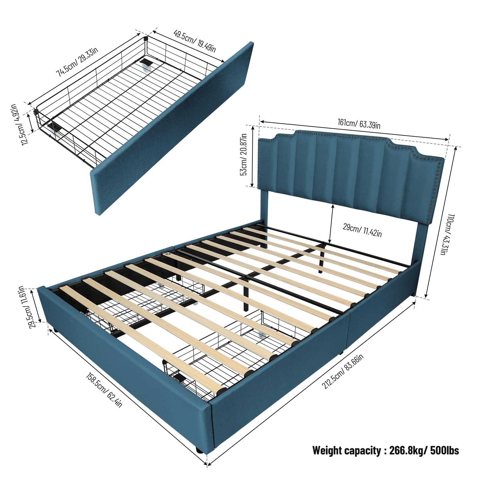 MegaChunk Queen Size Platform Bed with 2 Drawers and Adjustable Upholstered Stitched Padded Headboard, Rivets Design, Strong Slats System, Linen Upholstery, No Box Spring Needed, Blue