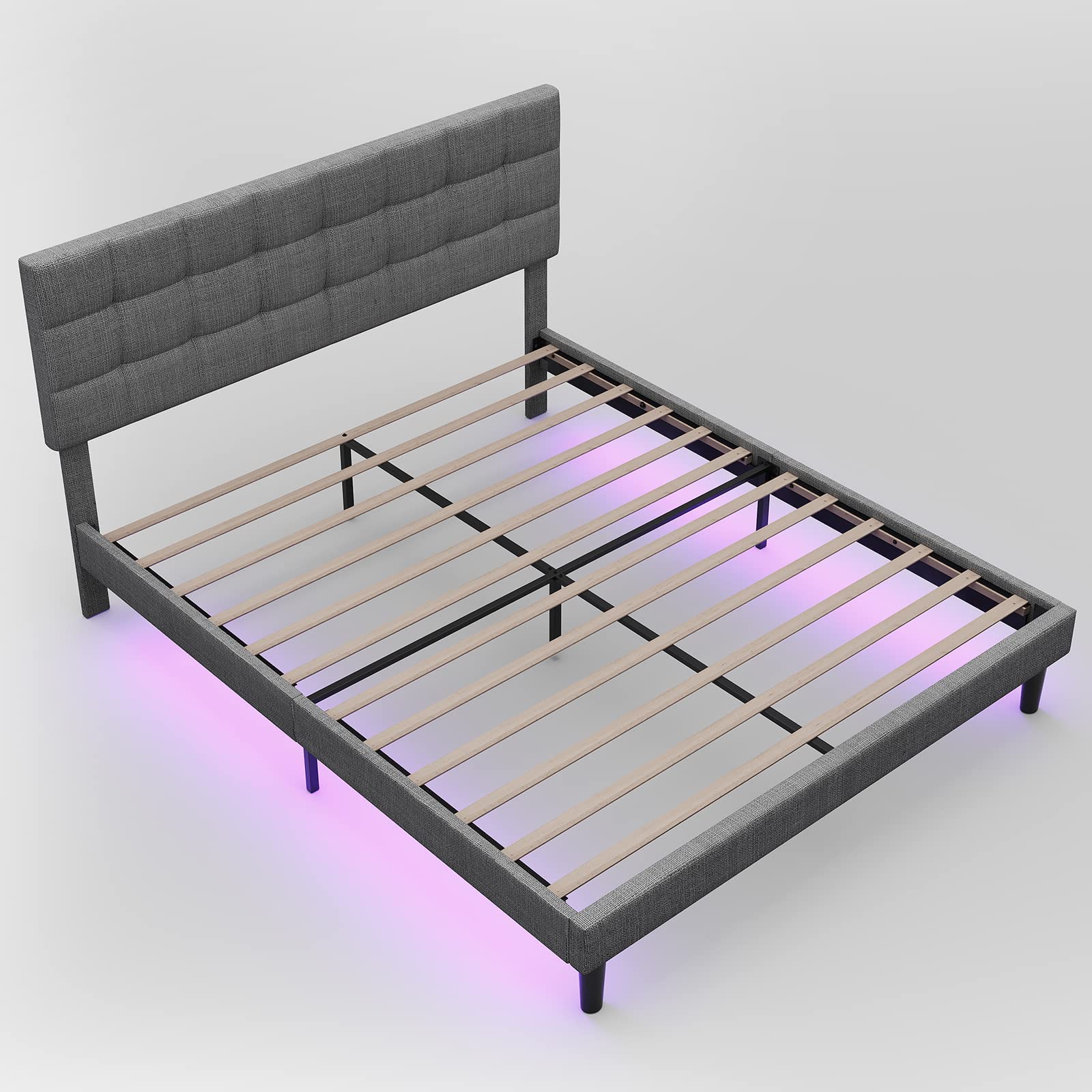 MegaChunk Queen Size Upholstered Platform Bed, Linen Grey Bed Frame with Lights, Square Stitched Adjustable Headboard, Strong Wooden Slats, No Box Spring Required