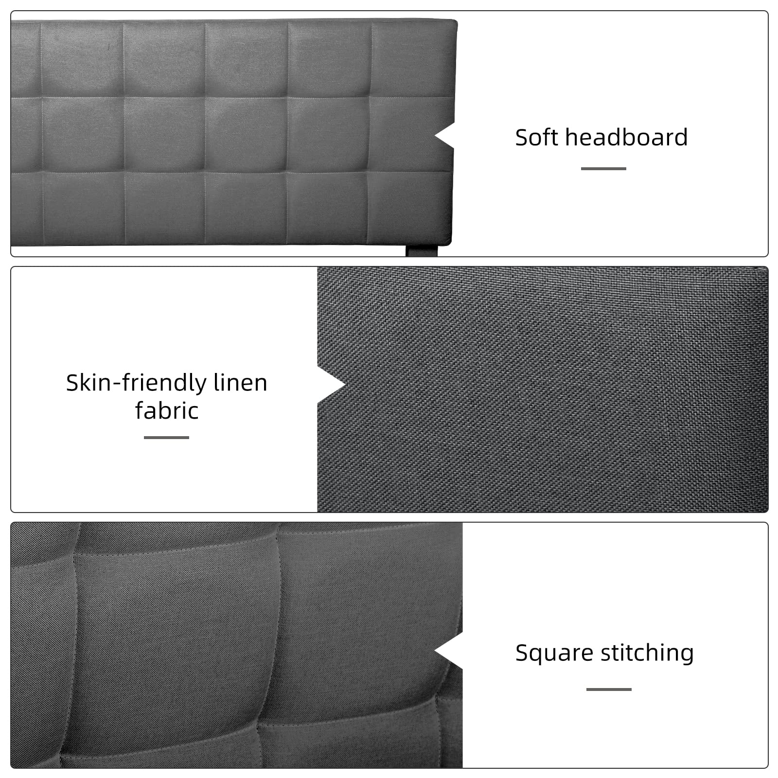 MegaChunk Queen Size Upholstered Platform Bed, Linen Grey Bed Frame with Lights, Square Stitched Adjustable Headboard, Strong Wooden Slats, No Box Spring Required