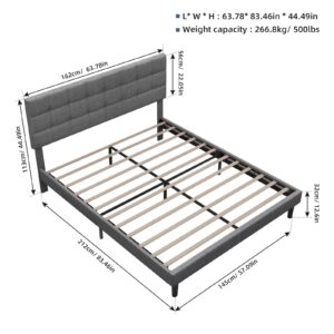 MegaChunk Queen Size Upholstered Platform Bed, Linen Grey Bed Frame with Lights, Square Stitched Adjustable Headboard, Strong Wooden Slats, No Box Spring Required