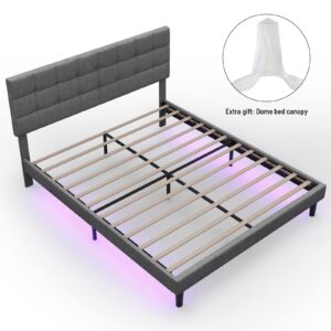 MegaChunk Queen Size Upholstered Platform Bed, Linen Grey Bed Frame with Lights, Square Stitched Adjustable Headboard, Strong Wooden Slats, No Box Spring Required