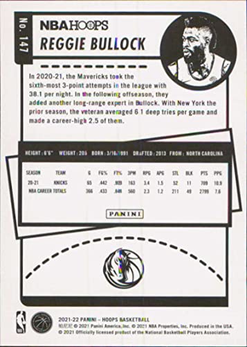 2021-22 NBA Hoops #147 Reggie Bullock Dallas Mavericks Official Panini Basketball Card (Stock Photo Shown, card is straight from Pack and Box in Raw Ungraded Condition)