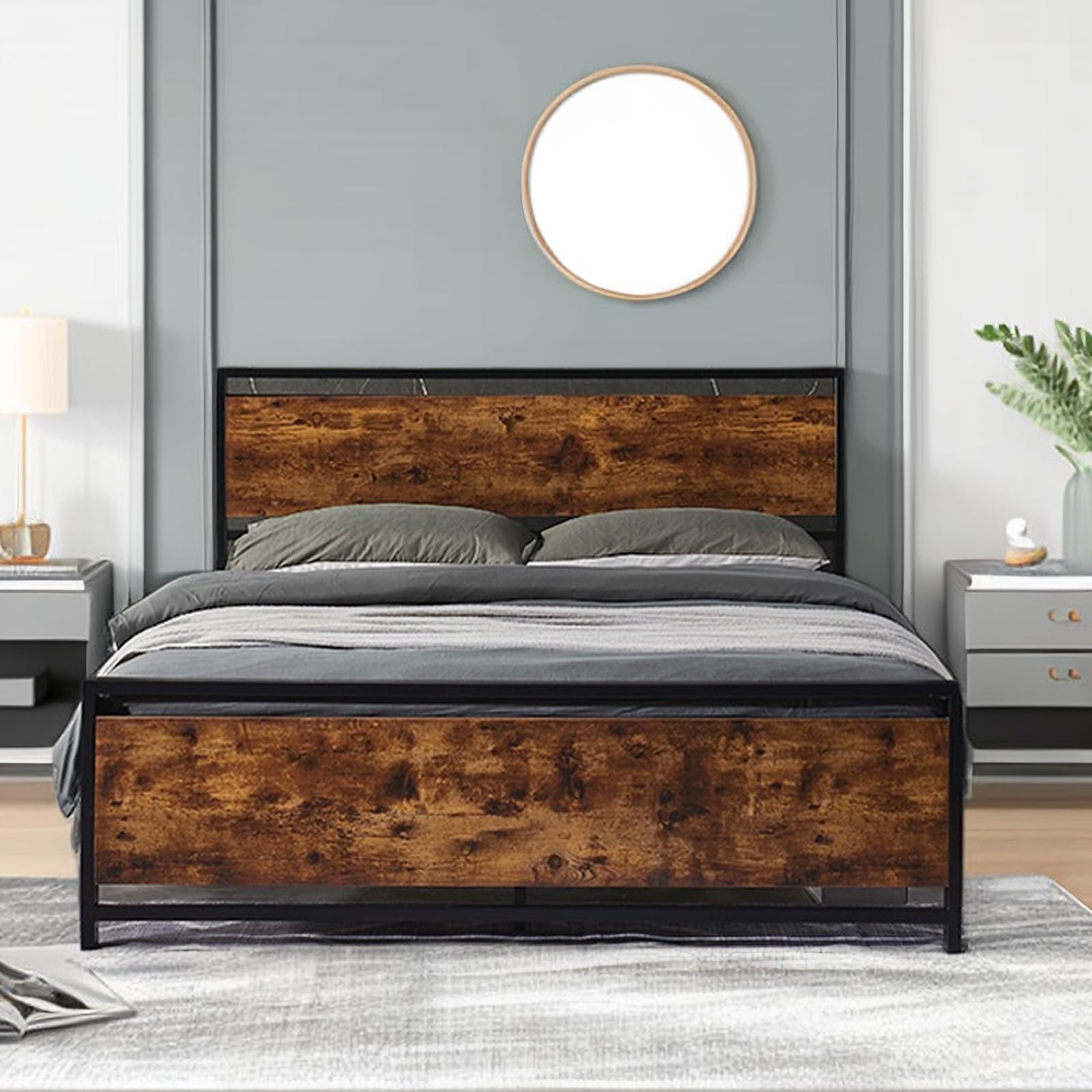 MegaChunk Queen Size Metal Platform Bed Frame with Wooden Headboard and Footboard, Black, No Box Spring Needed, Large Under-Bed Storage, Easy to Assemble