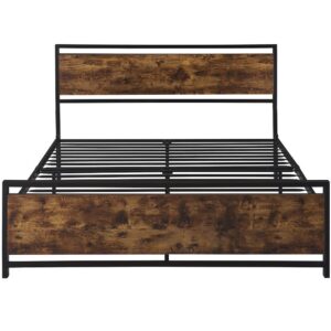 MegaChunk Queen Size Metal Platform Bed Frame with Wooden Headboard and Footboard, Black, No Box Spring Needed, Large Under-Bed Storage, Easy to Assemble