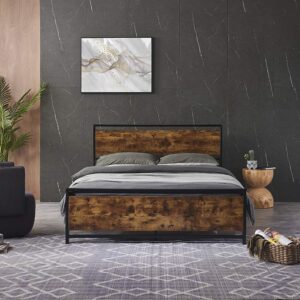 MegaChunk Queen Size Metal Platform Bed Frame with Wooden Headboard and Footboard, Black, No Box Spring Needed, Large Under-Bed Storage, Easy to Assemble