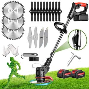 weed wacker battery powered, 24v 2ah battery powered cord trimmer with 2 batteries and 3 blades,weed wackersuitable for patios and gardens (black)