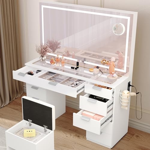 YITAHOME Vanity Desk Set with Large LED Lighted Mirror & Power Outlet, Glass Top Vanity with 11 Drawers and Magnifying Glass, 46'' Large Makeup Vanity with Storage Bench, White Vanity for Bedroom