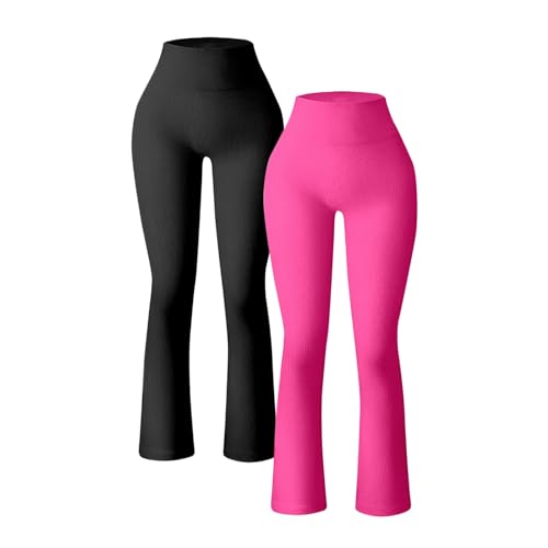 Women's 2 Piece Yoga Pants Ribbed Seamless Workout High Waist Bell Bottoms Flare Leggings Running Girl (Hot Pink, M)