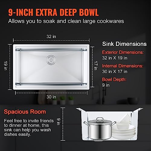 VEVOR Kitchen Sink, 304 Stainless Steel Drop-In Sinks, Undermount Single Bowl Basin with Ledge and Accessories, Household Dishwasher Sinks for Workstation, RV, Prep Kitchen, and Bar Sink, 32 inch