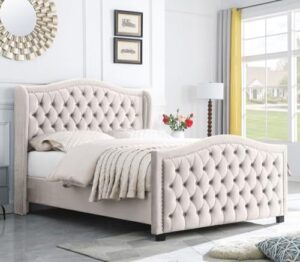 leadtimes beige velvet bed frame queen size upholstered platform with tufted button wingback headboard durable and luxurious