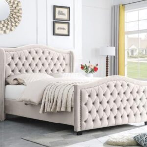 Leadtimes Beige Velvet Bed Frame Queen Size Upholstered Platform with Tufted Button Wingback Headboard Durable and Luxurious