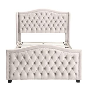 Leadtimes Beige Velvet Bed Frame Queen Size Upholstered Platform with Tufted Button Wingback Headboard Durable and Luxurious