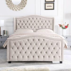 Leadtimes Beige Velvet Bed Frame Queen Size Upholstered Platform with Tufted Button Wingback Headboard Durable and Luxurious