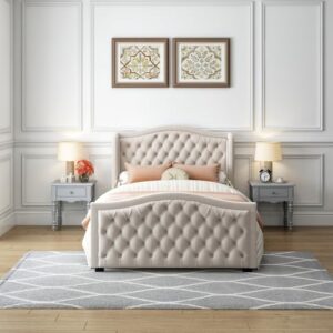 Leadtimes Beige Velvet Bed Frame Queen Size Upholstered Platform with Tufted Button Wingback Headboard Durable and Luxurious