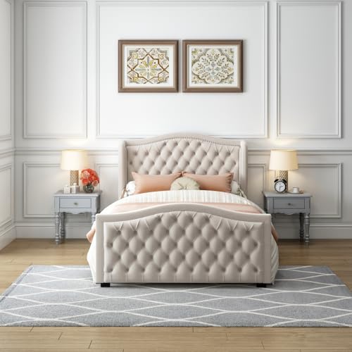 Leadtimes Beige Velvet Bed Frame Queen Size Upholstered Platform with Tufted Button Wingback Headboard Durable and Luxurious