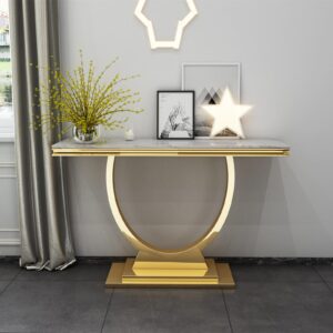 47 Inch Marble Console Table w/Gold U-Shaped Stainless Steel Base Mid-Century Modern Entryway Table for Living Room Hallway Luxury Foyer Table Sofa Table witn High Glossy Finish (White&Gold)