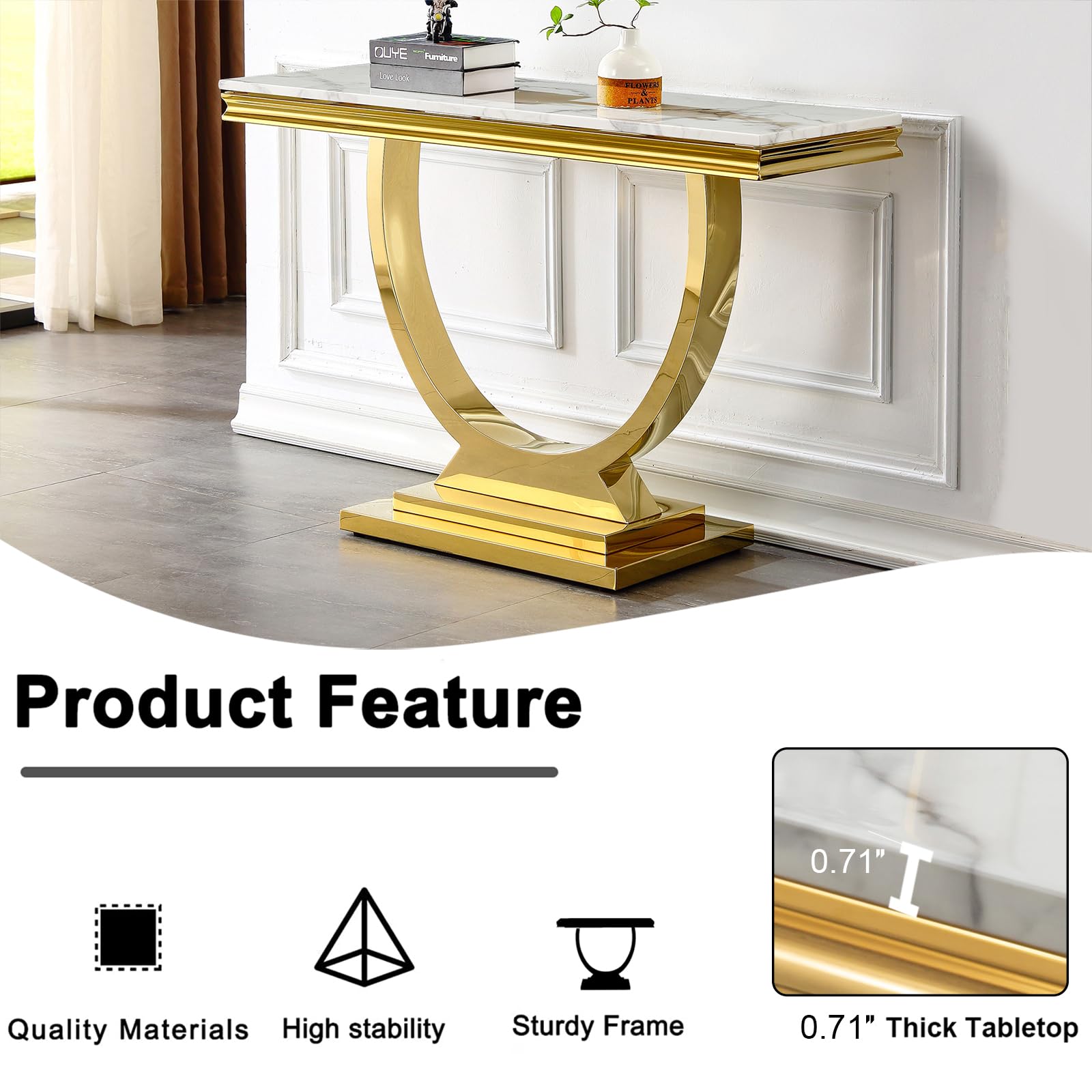 47 Inch Marble Console Table w/Gold U-Shaped Stainless Steel Base Mid-Century Modern Entryway Table for Living Room Hallway Luxury Foyer Table Sofa Table witn High Glossy Finish (White&Gold)