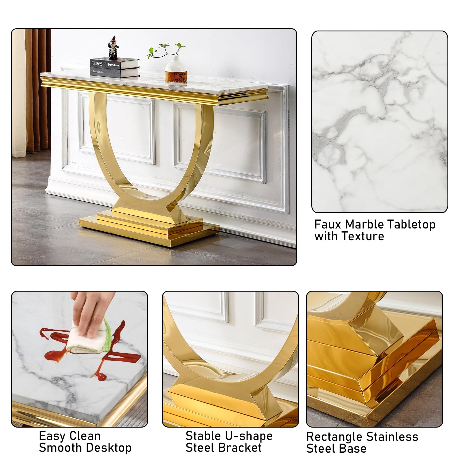 47 Inch Marble Console Table w/Gold U-Shaped Stainless Steel Base Mid-Century Modern Entryway Table for Living Room Hallway Luxury Foyer Table Sofa Table witn High Glossy Finish (White&Gold)