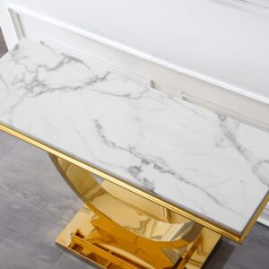 47 Inch Marble Console Table w/Gold U-Shaped Stainless Steel Base Mid-Century Modern Entryway Table for Living Room Hallway Luxury Foyer Table Sofa Table witn High Glossy Finish (White&Gold)