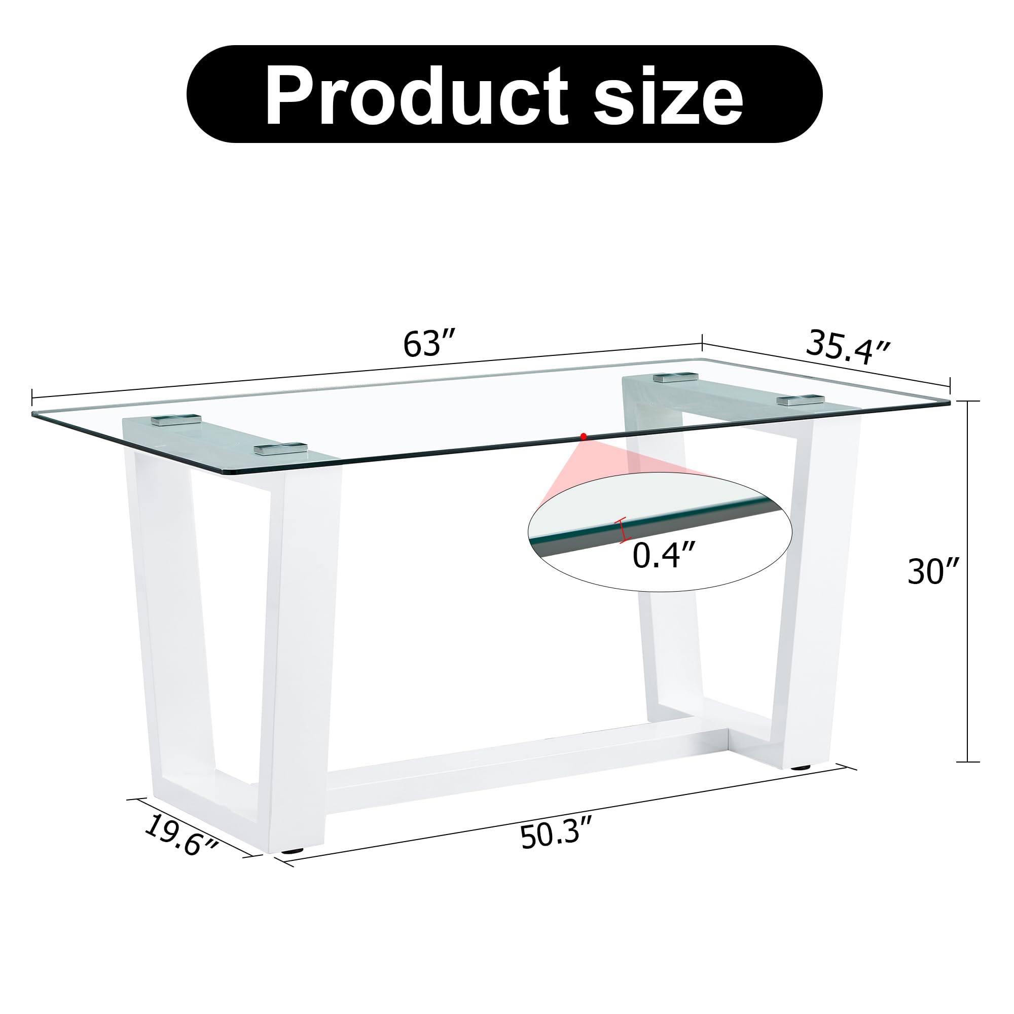 VENBER 63" Rectangular Glass Dining Table for 6-8, Large Modern Minimalist with 0.4" Tempered Glass Tabletop and MDF Trapezoid Bracket,for Kitchen Dining Living Meeting Room (White)