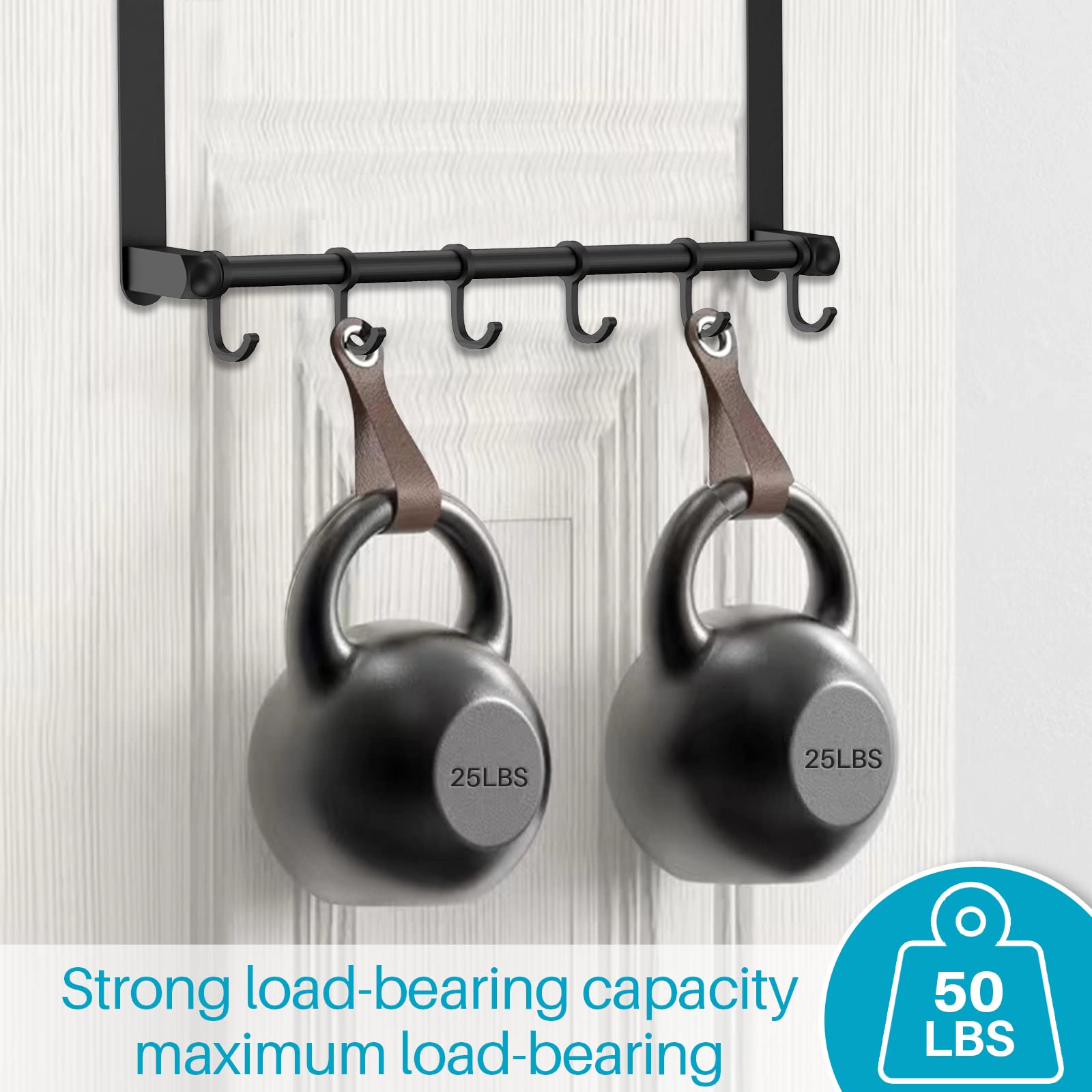 Bntuk Over The Door Hooks, Over Door Towel Racks with 6 Adjustable Hooks, Sturdy Door Hanger Hooks for Hanging Heavy Coats/Towel/Bag, Bathroom Kitchen Organizer, Black