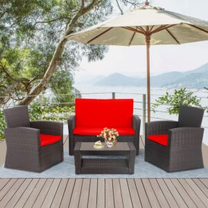 4 pieces patio conversation set, outdoor pe rattan wicker sofa furniture set with soft cushions and glass coffee table for backyard lawn garden balcony porch poolside,red