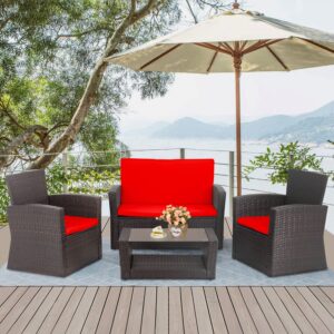 4 Pieces Patio Conversation Set, Outdoor PE Rattan Wicker Sofa Furniture Set with Soft Cushions and Glass Coffee Table for Backyard Lawn Garden Balcony Porch Poolside,Red