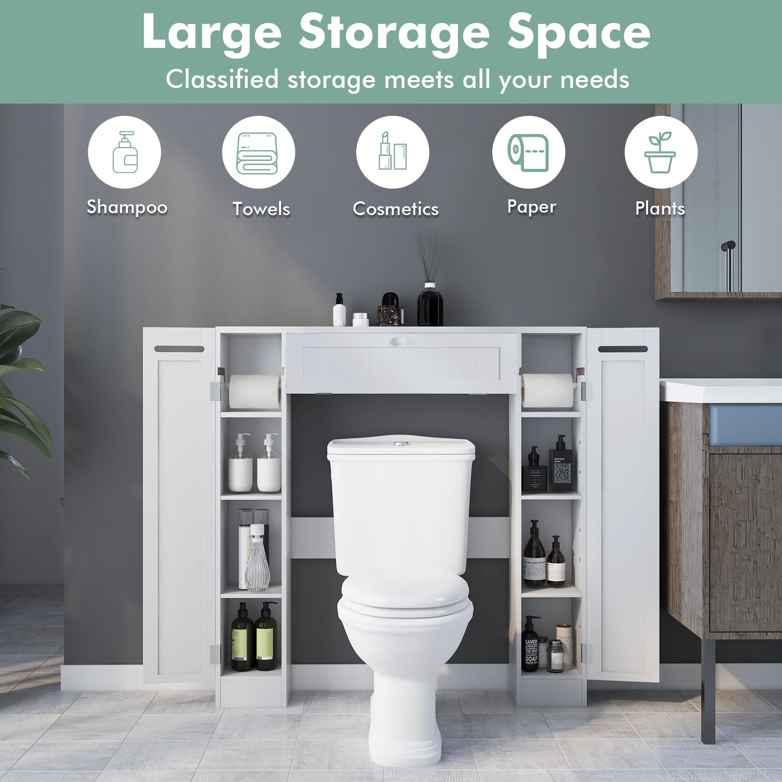 Tangkula Over The Toilet Storage Cabinet, Bathroom Space Saver w/Adjustable Shelves & Paper Holder, Freestanding above Toilet Organizer w/ 2 Side & Pull-Down Door for Bathroom Storage (White)