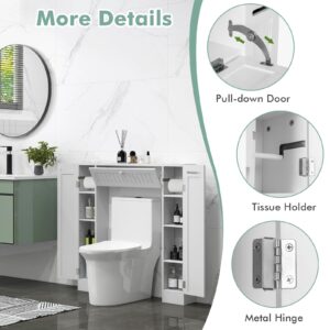 Tangkula Over The Toilet Storage Cabinet, Bathroom Space Saver w/Adjustable Shelves & Paper Holder, Freestanding above Toilet Organizer w/ 2 Side & Pull-Down Door for Bathroom Storage (White)