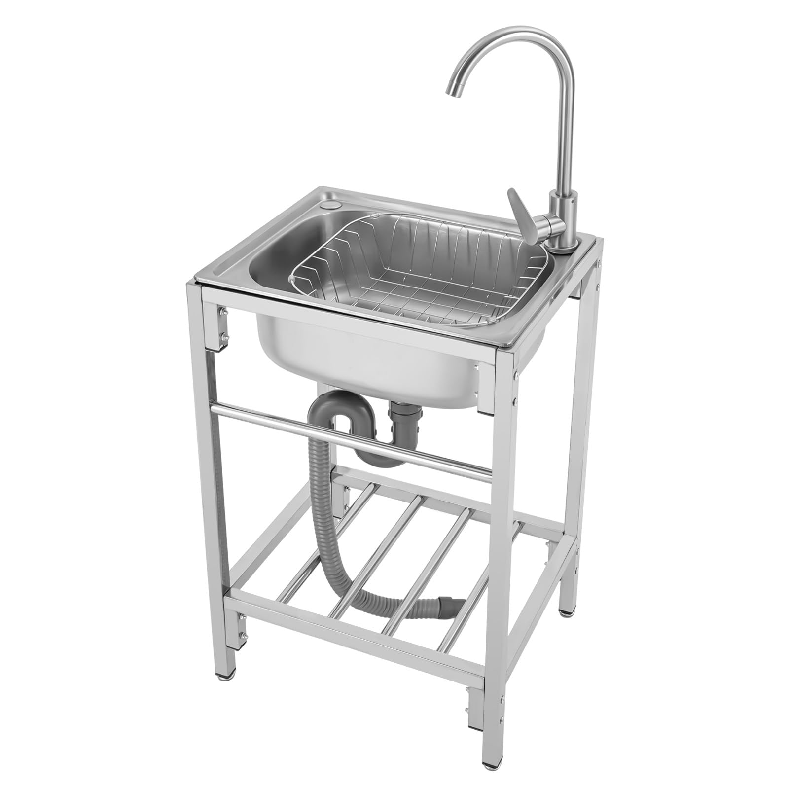 Free Standing 202 Stainless-Steel Single Bowl Commercial Restaurant Kitchen Sink Set Single Basin Kitchen Sink w/Cold and Hot Water Pipe (19.6"x15.7"x29.5)