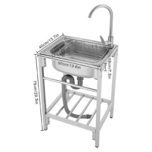 Free Standing 202 Stainless-Steel Single Bowl Commercial Restaurant Kitchen Sink Set Single Basin Kitchen Sink w/Cold and Hot Water Pipe (19.6"x15.7"x29.5)