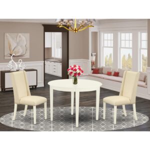 homestock island oasis 3-piece dining kitchen table set included a round breakfast table & 2 kitchen chairs, cream linen fabric parsons dining chairs seat with rubber wood legs, linen white finish