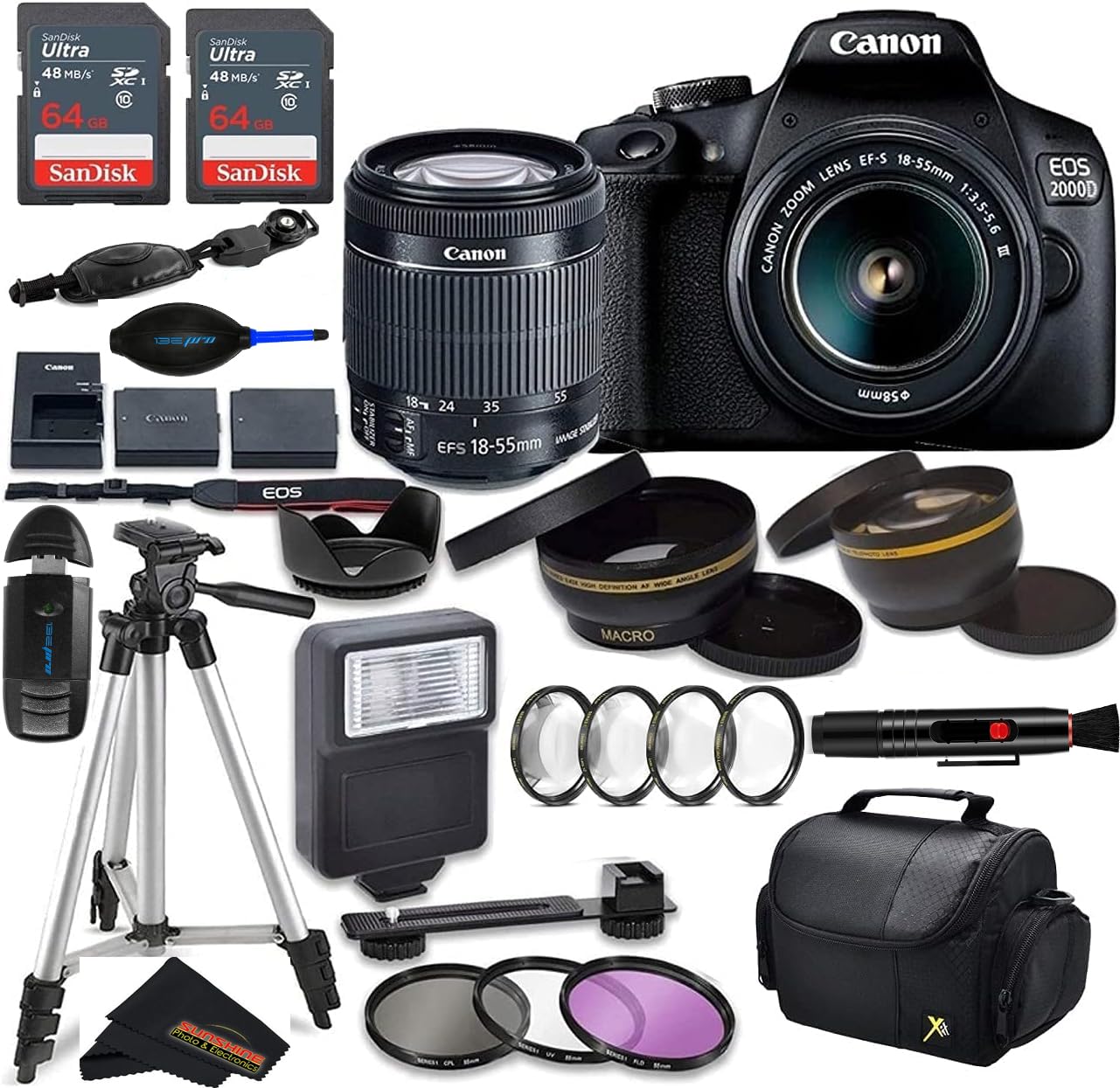 Canon Intl. Canon EOS 2000D (Rebel T7) DSLR Camera wCanon EF-S 18-55mm F3.5-5.6 III Lens and Sunshine Photo Professional Accessories Bundle... (Renewed)