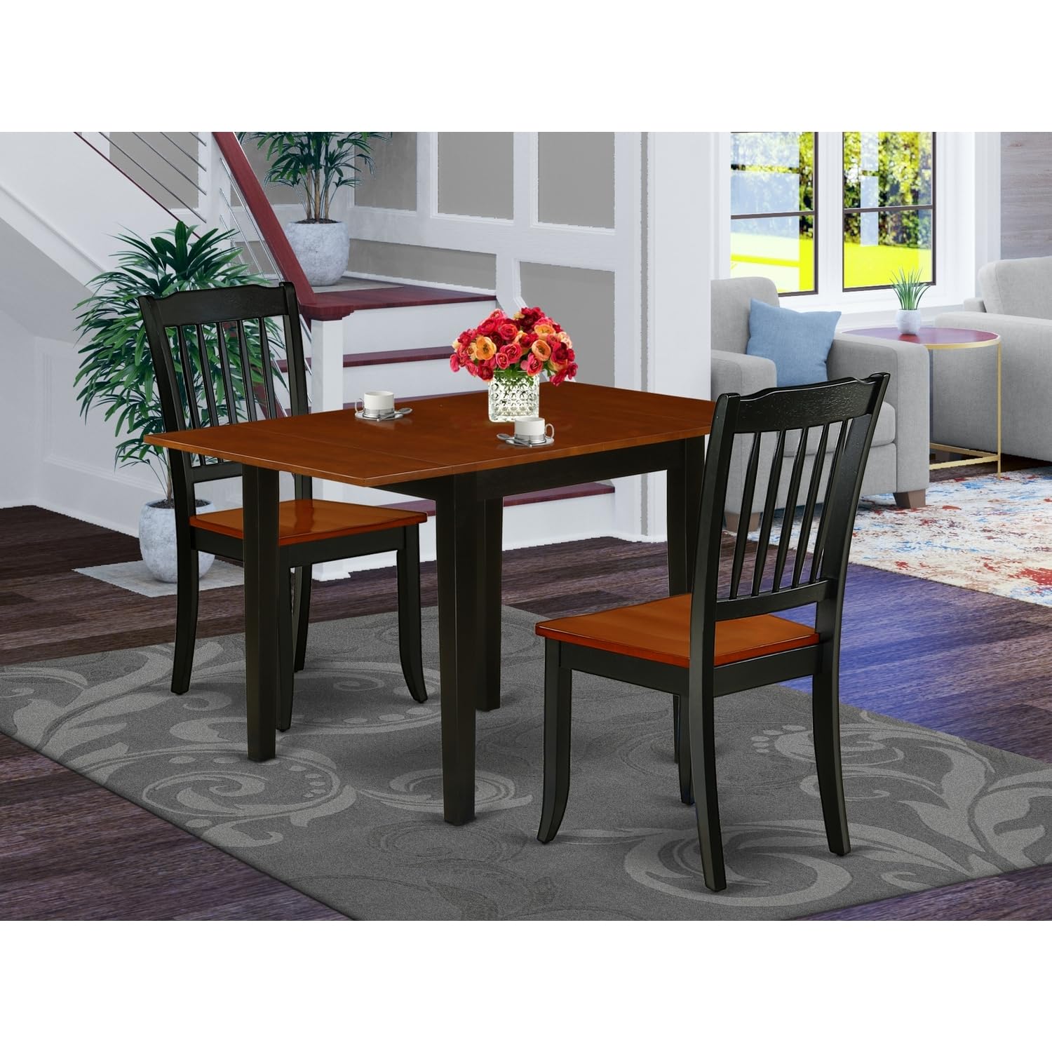 HomeStock Coastal Charm Dining Room Table Set 3 Pcs- 2 Outstanding Kitchen Dining Chairs and A Beautiful Dining Room Table - Cherry Finish Wooden Chair Seat and Table Top - Black Finish Wooden Frame.