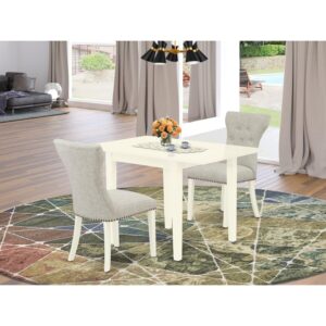 homestock farmhouse fresh 3-pc rectangular drop leaves dining table set included a kitchen table & 2 kitchen chairs, doeskin linen fabric parson chairs seat with rubber wood legs, linen white finish