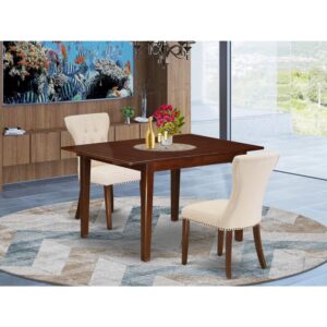 HomeStock Natural Beauty 3-Pc Dining Set Included A Rectangular Butterfly Leaf Dining Table & 2 Parson Chairs, Light Beige Linen Fabric Kitchen Chairs Seat with Rubber Wood Legs, Mahogany Finish