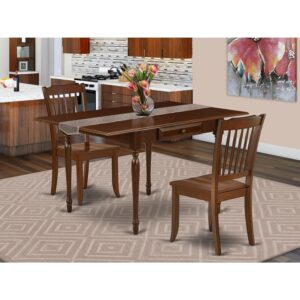 homestock medieval majesty 3pc dinette set consists of a wood dining table and 2 kitchen chairs with wooden seat, drop leaf table with slat back chairs, mahogany finish