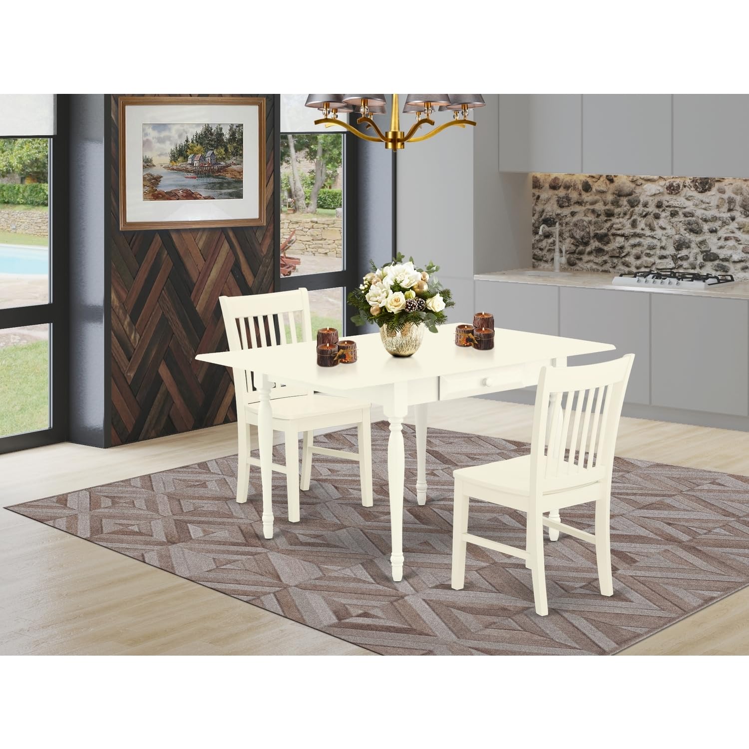 HomeStock Retro Relaxation 3 Pieces Dining Kitchen Table Set - Strong Drop Leaf Hardwood Rectangular Table and 2 Solid Wood Seat Modern Dining Chairs, Linen White Finish