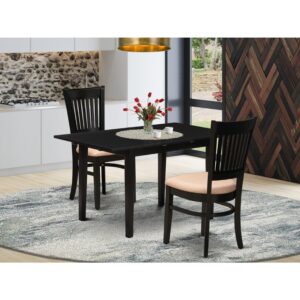 HomeStock Boldly Bohemian 3-Pc Modern Dining Table Set 2 Kitchen Chairs with Slatted Back and A Linen Fabric Seat and Butterfly Leaf Dining Room Table with Rectangular Top and 4 Legs- Black Finish