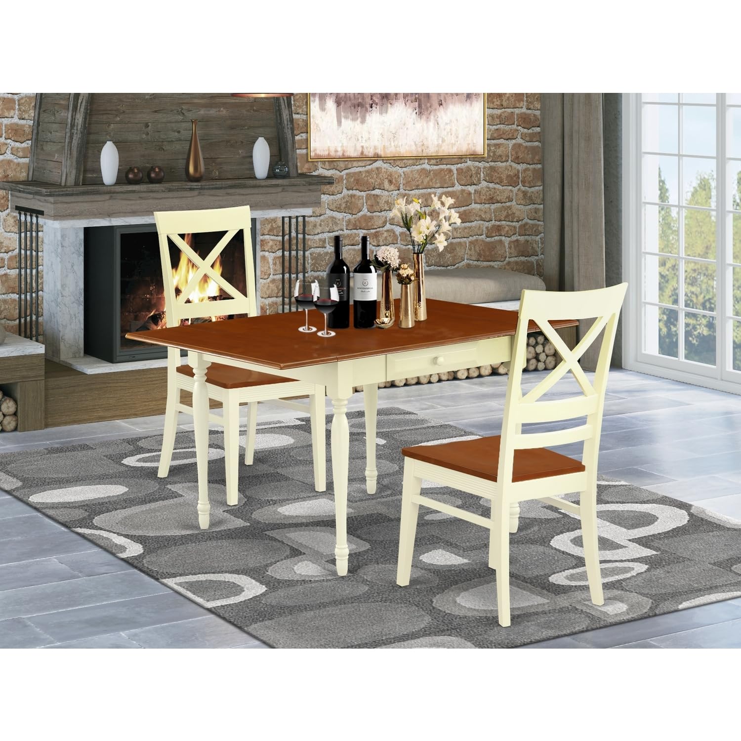 HomeStock Southwestern Sensibilities 3 Pieces Dining Table Set - Heavy Duty Drop Leaf Real Wood Rectangular Table and 2 Hardwood Seat Kitchen Chairs, Buttermilk and Cherry Finish