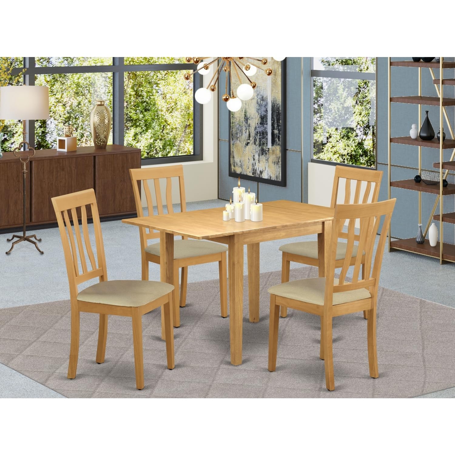 HomeStock African Artifacts Wooden Dining Table Set 5 Piece - 4 Great Kitchen Chairs - A Gorgeous Wooden Table - Oak Color Faux Leather - Oak Finish Wood Frame