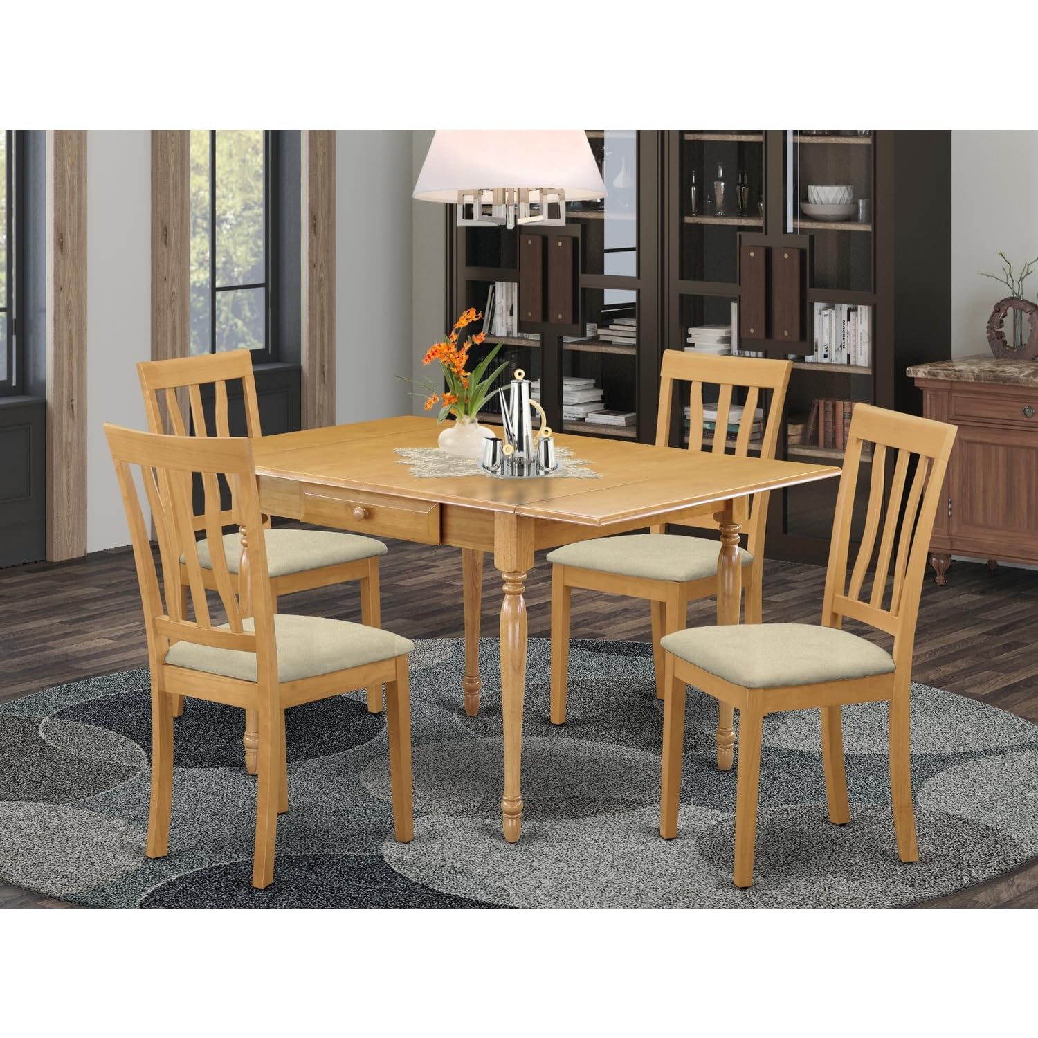 HomeStock City Sleek 5Pc Kitchen Set for 4 Consists of A Wood Dining Table and 4 Wood Dining Chairs with Linen Fabic Seat, Drop Leaf Table with Slat Back Chairs, Oak Finish