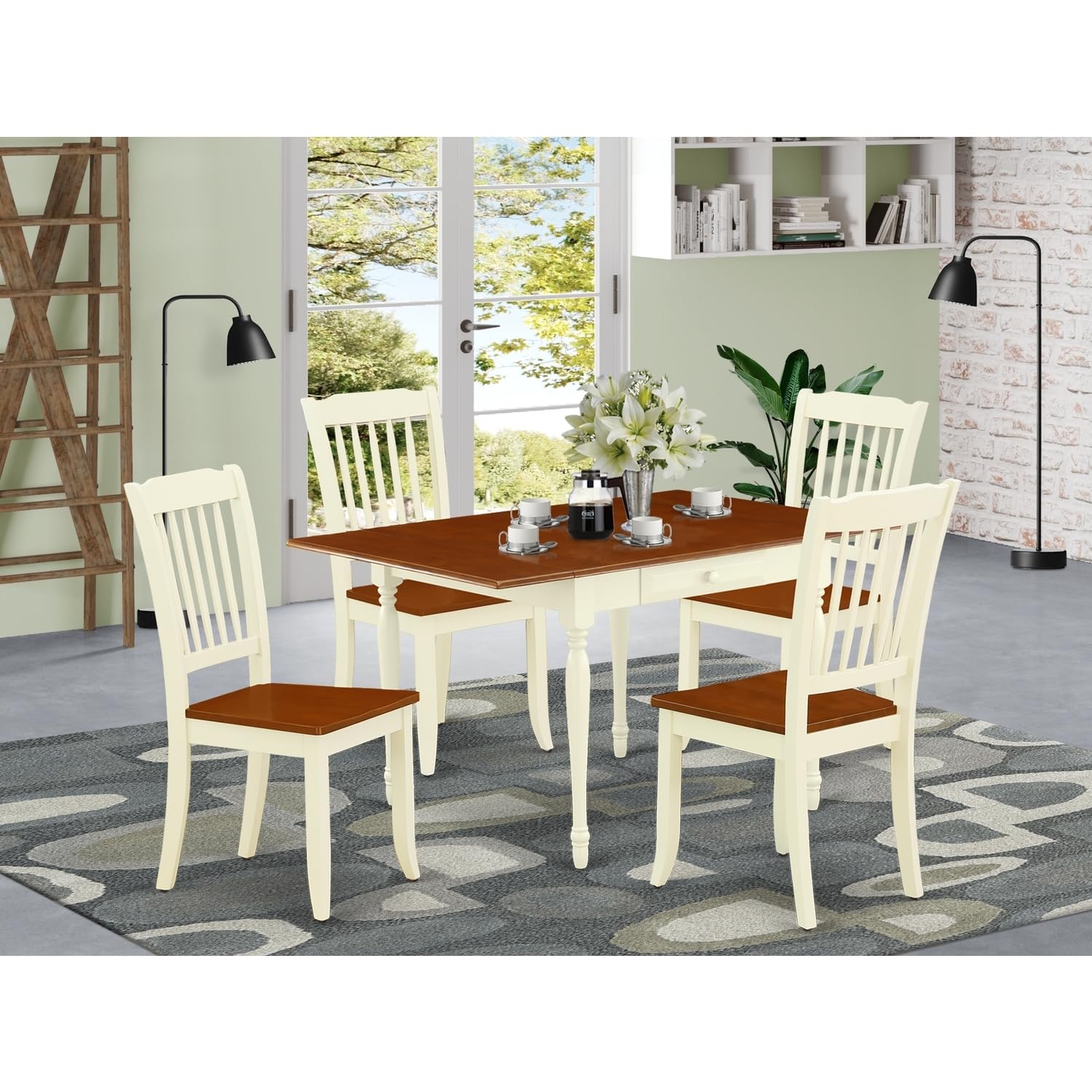 HomeStock Lakefront Luxury 5Pc Kitchen and Dining Room Table Set Offers A Small Dining Table and 4 Kitchen Chairs with Wooden Seat, Drop Leaf Table with Slat Back Chairs, Buttermilk and Cherry Finish