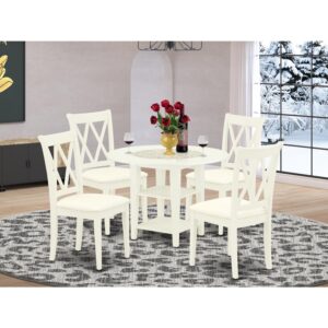 homestock beachy beauty 5pc dining set includes a round dining table with drop leaves and four double x back linen seat kitchen chairs, linen white finish