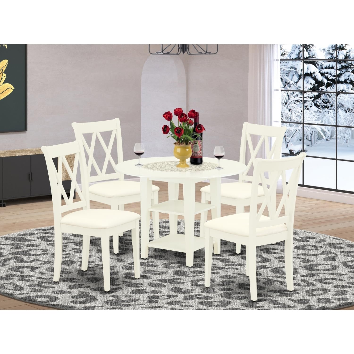 HomeStock Beachy Beauty 5Pc Dining Set includes A Round Dining Table with Drop Leaves and Four Double X Back Linen Seat Kitchen Chairs, Linen White Finish