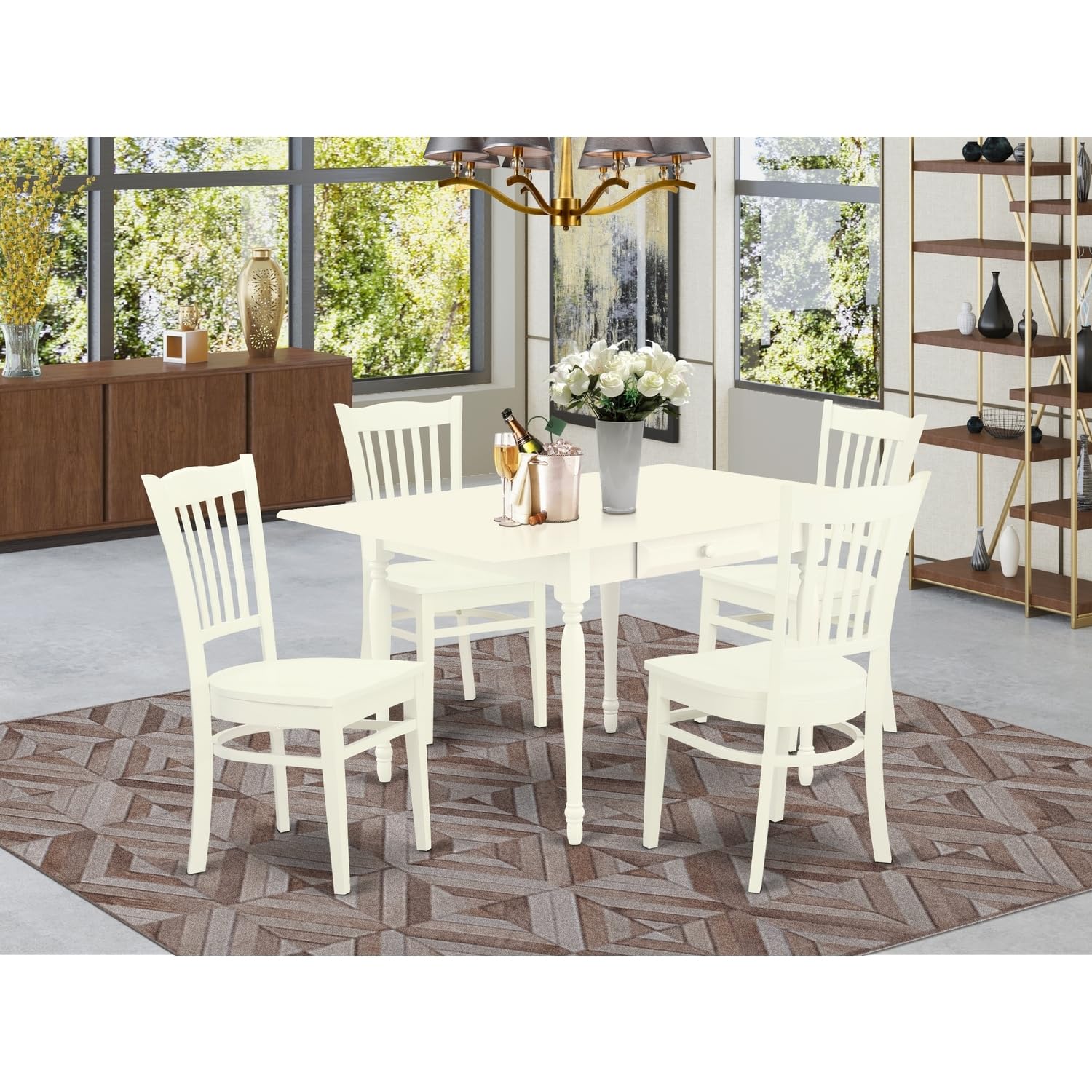 HomeStock Medieval Majesty 5 Pieces Kitchen Table Set - Durable Drop Leaf Wooden Rectangular Table and 4 Real Wood Seat Kitchen Dining Chairs, Linen White Finish