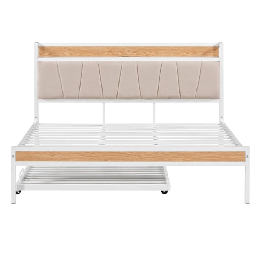 Parga Queen-Size Metal Platform Bed Frame with Twin-Size Trundle (White)