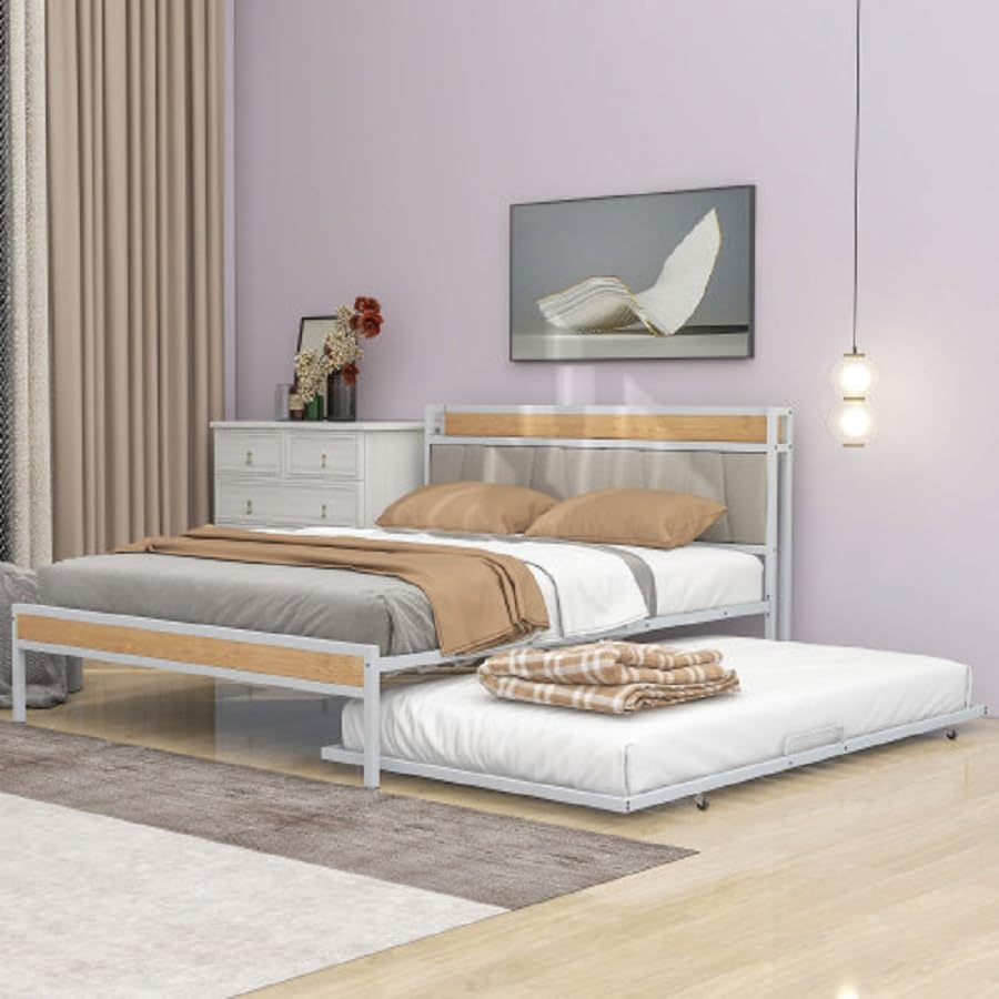 Parga Queen-Size Metal Platform Bed Frame with Twin-Size Trundle (White)